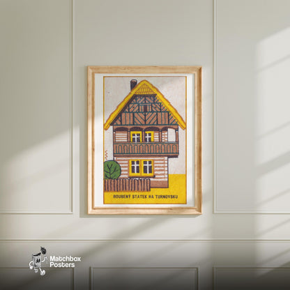 Log Farmhouse - vintage matchbox label print - bedroom mockup