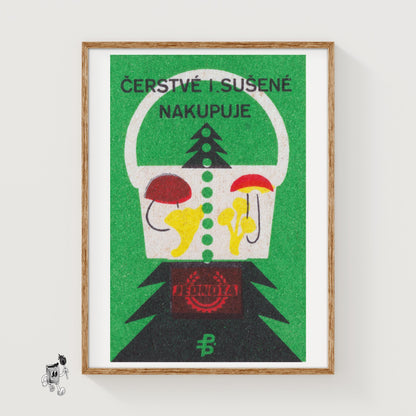 Basket with Mushrooms - vintage matchbox label print