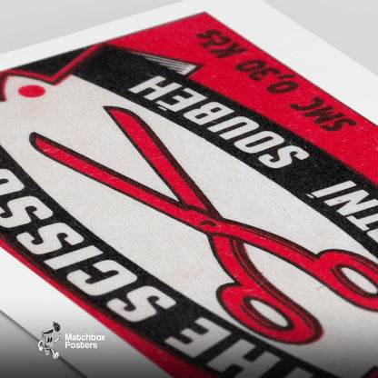 Red Scissors Illustration - vintage matchbox label print - close-up detail