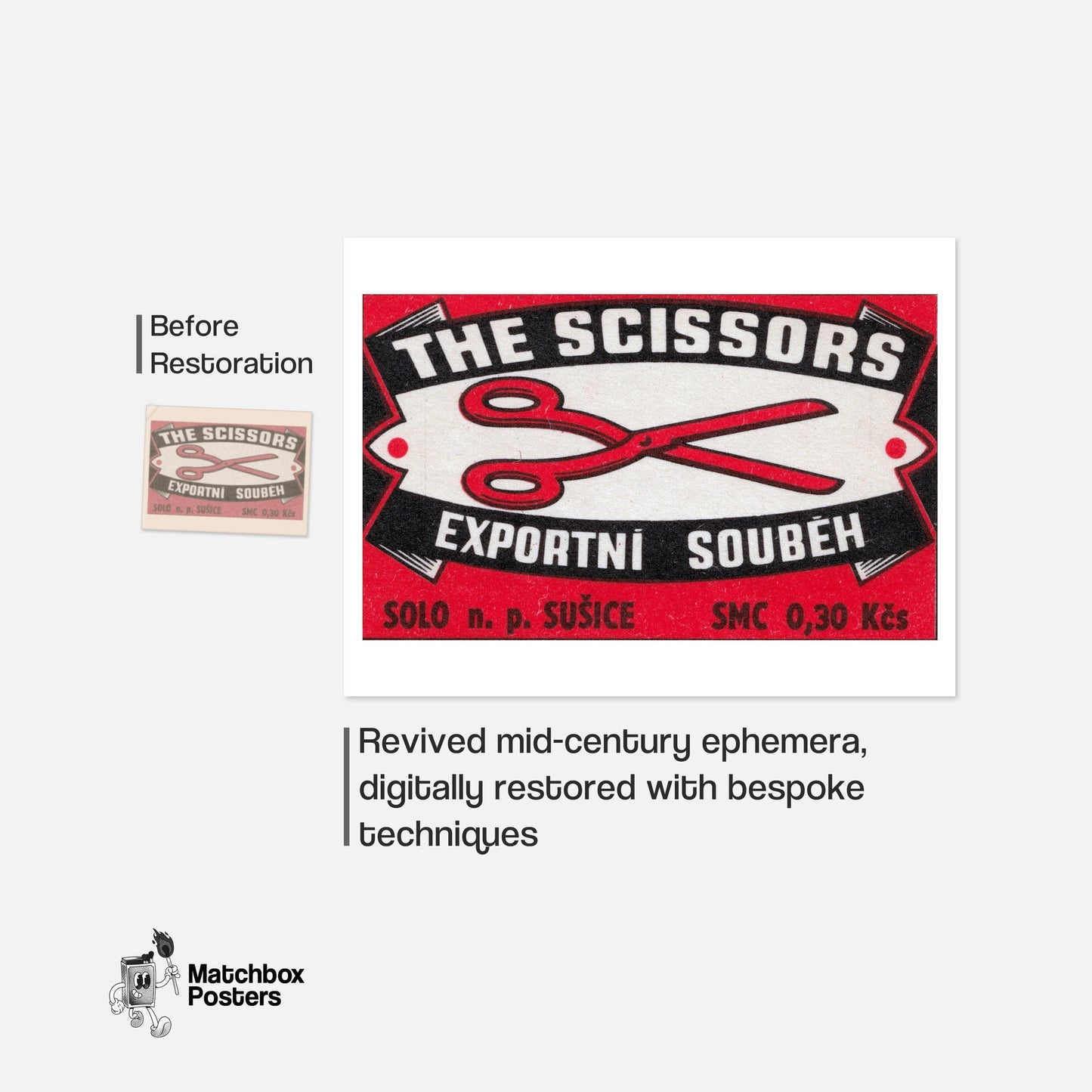 Red Scissors Illustration - vintage matchbox label print - framed wall art preview