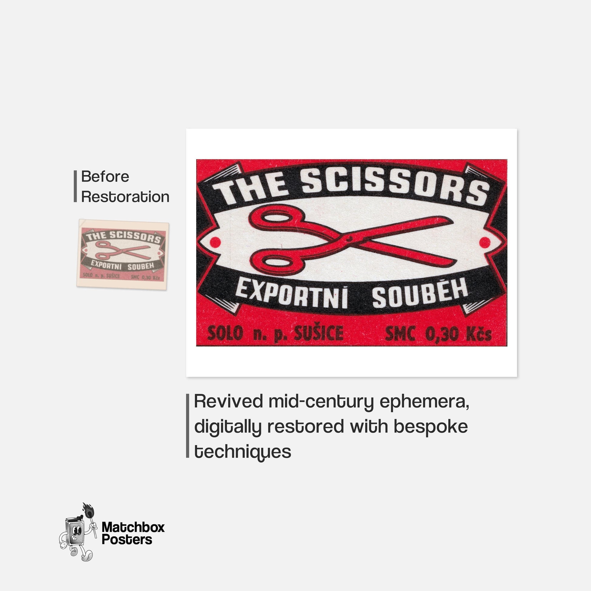 Red Scissors Illustration - vintage matchbox label print - framed wall art preview