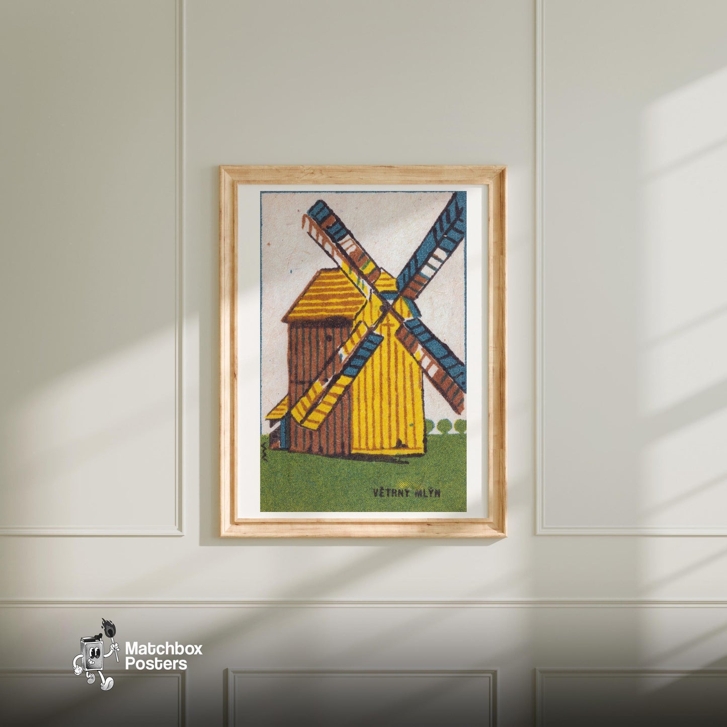 Windmill - vintage matchbox label print - bedroom mockup
