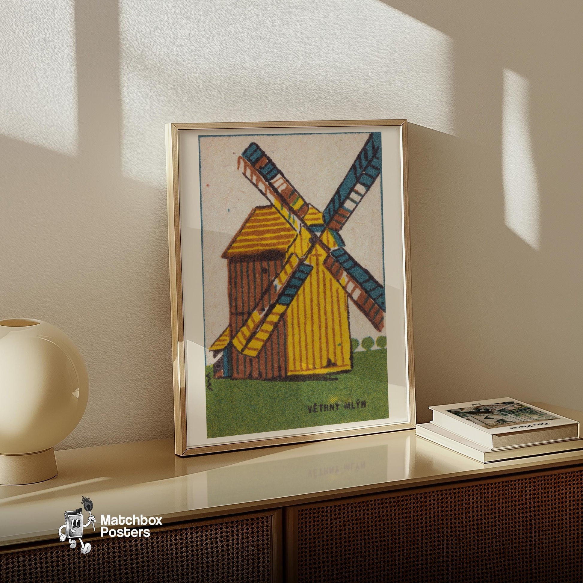 Windmill - vintage matchbox label print - size comparison