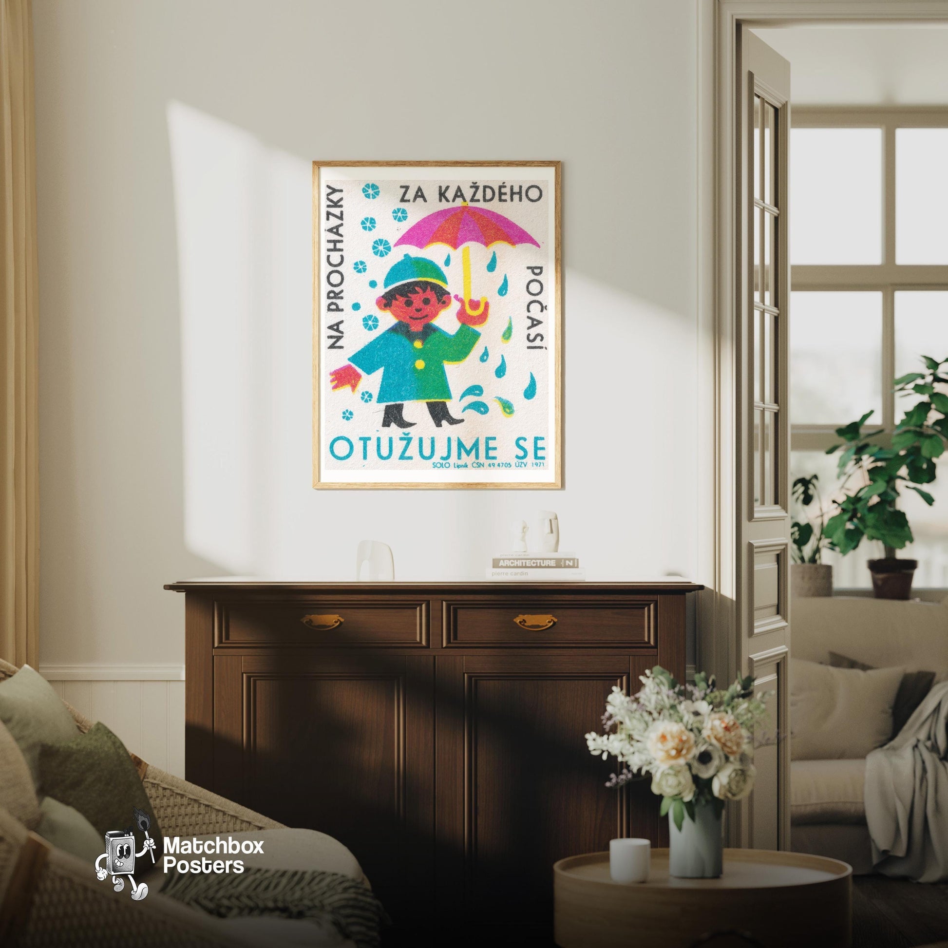 Child with Umbrella - vintage matchbox label print - living room mockup