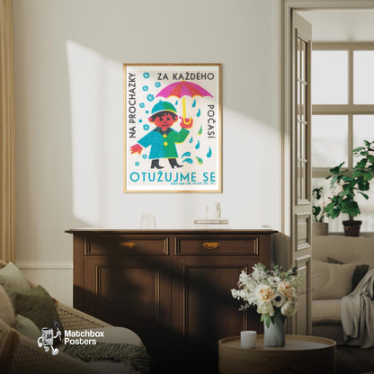 Child with Umbrella - vintage matchbox label print - living room mockup