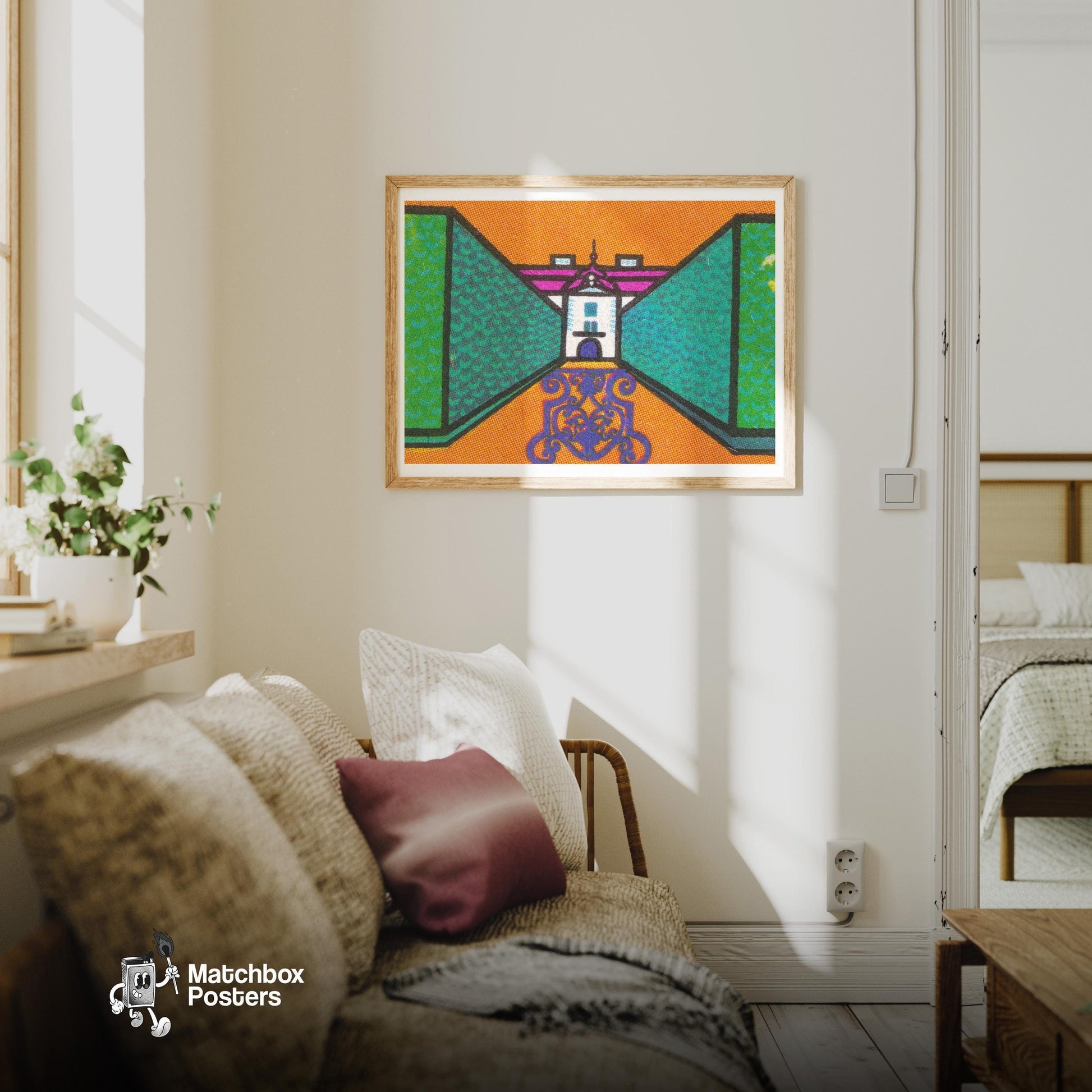 Building - vintage matchbox label print - living room mockup