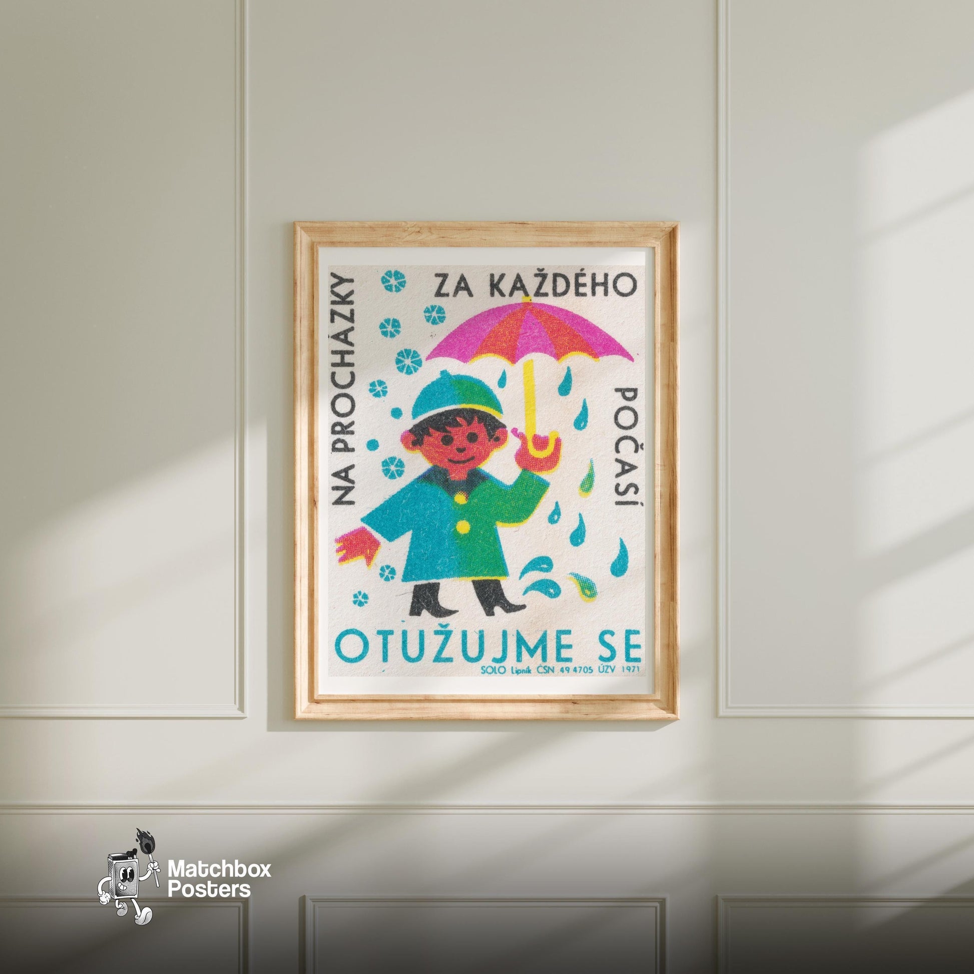 Child with Umbrella - vintage matchbox label print - bedroom mockup