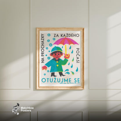 Child with Umbrella - vintage matchbox label print - bedroom mockup