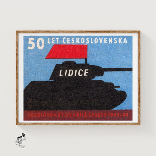 Tank with Red Flag - vintage matchbox label print