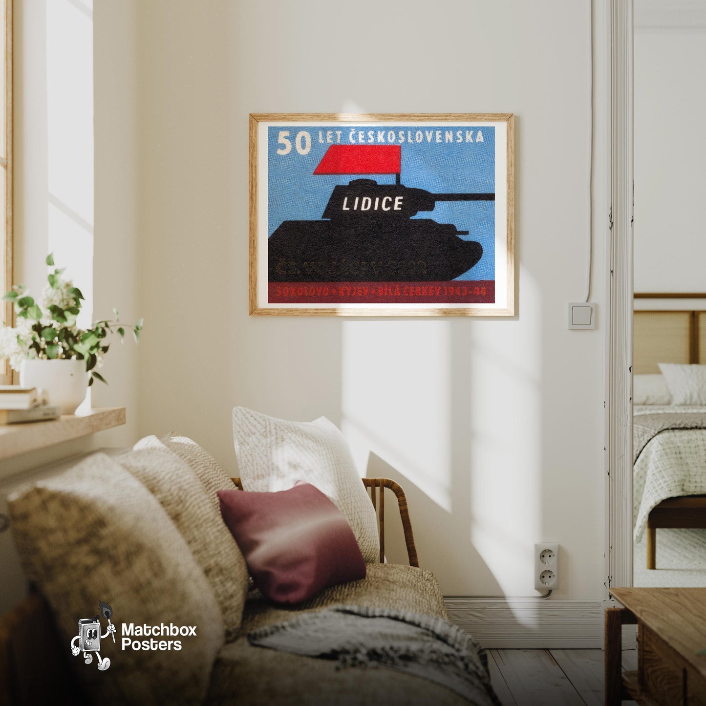 Tank with Red Flag - vintage matchbox label print - living room mockup