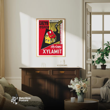 Protect Houses From Fungus - vintage matchbox label print - living room mockup