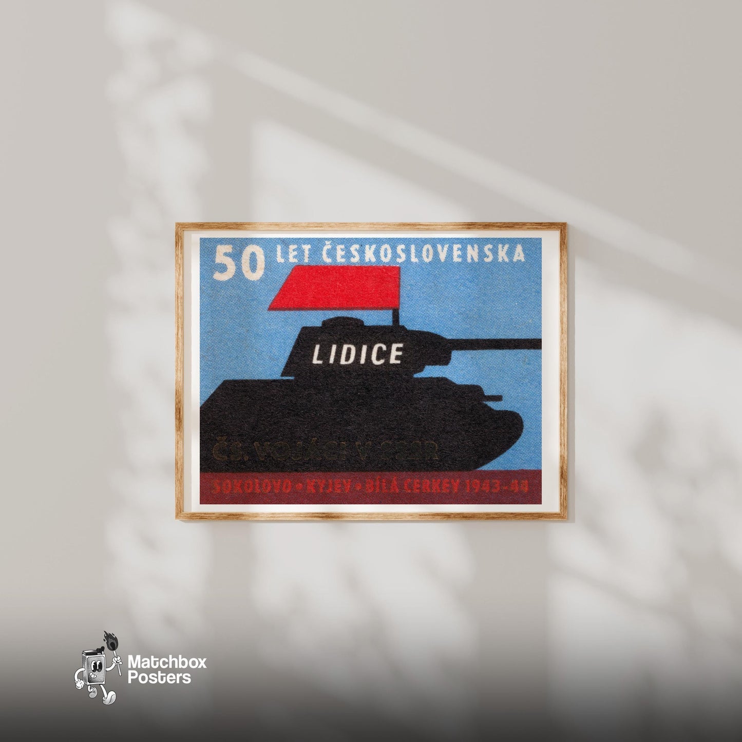 Tank with Red Flag - vintage matchbox label print - bedroom mockup