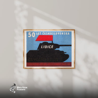 Tank with Red Flag - vintage matchbox label print - bedroom mockup