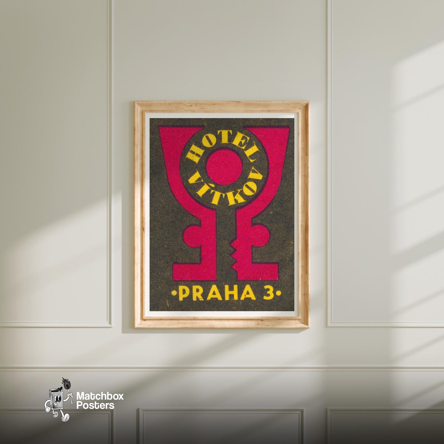 Hotel Vitkov Prague - vintage matchbox label print - bedroom mockup
