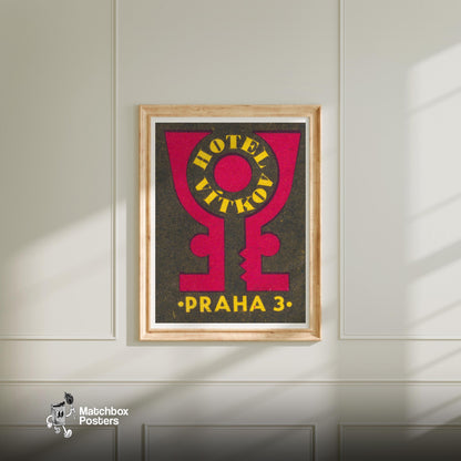 Hotel Vitkov Prague - vintage matchbox label print - bedroom mockup