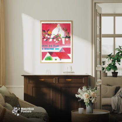 White Doves - vintage matchbox label print - living room mockup