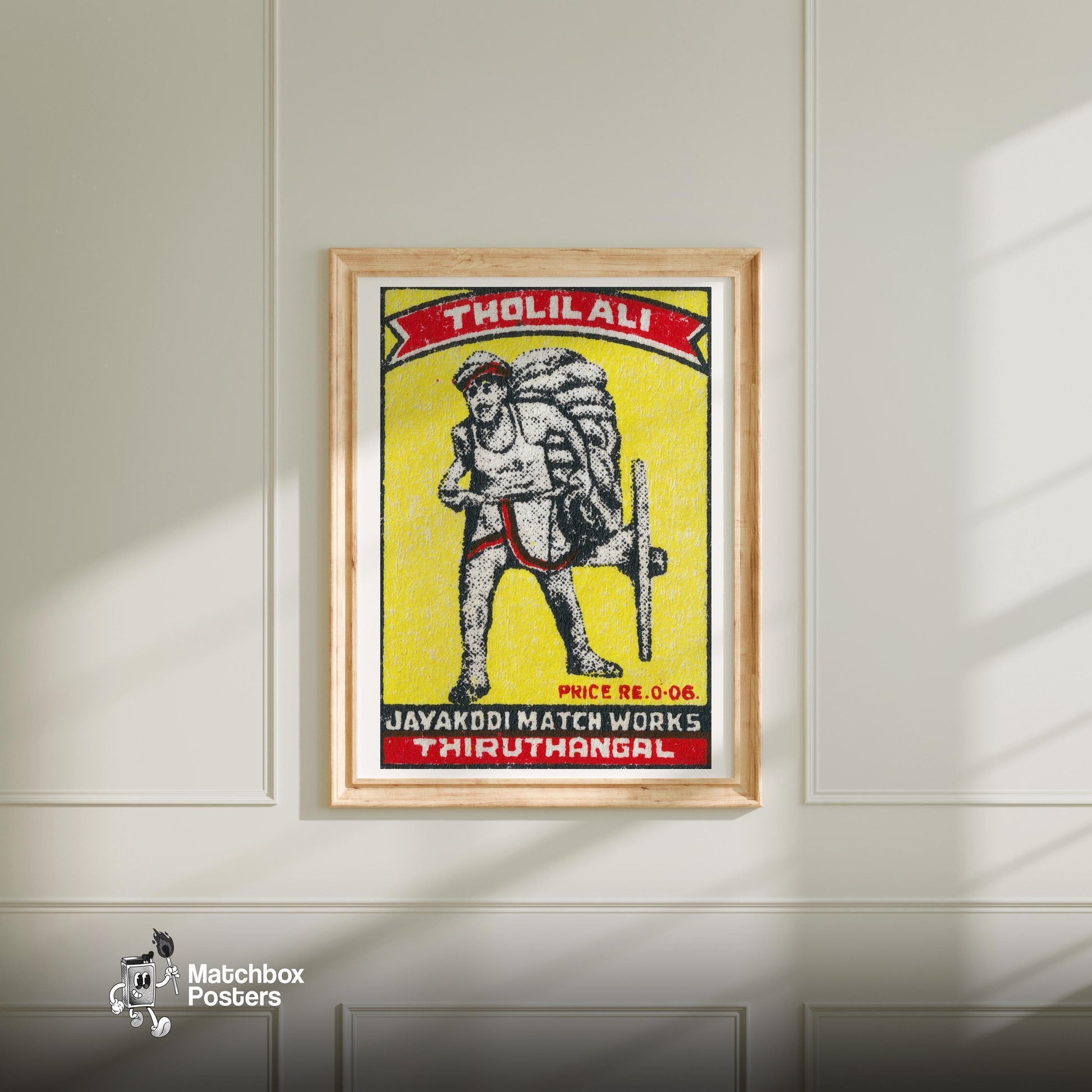 Worker with Wheelbarrow - vintage matchbox label print - bedroom mockup
