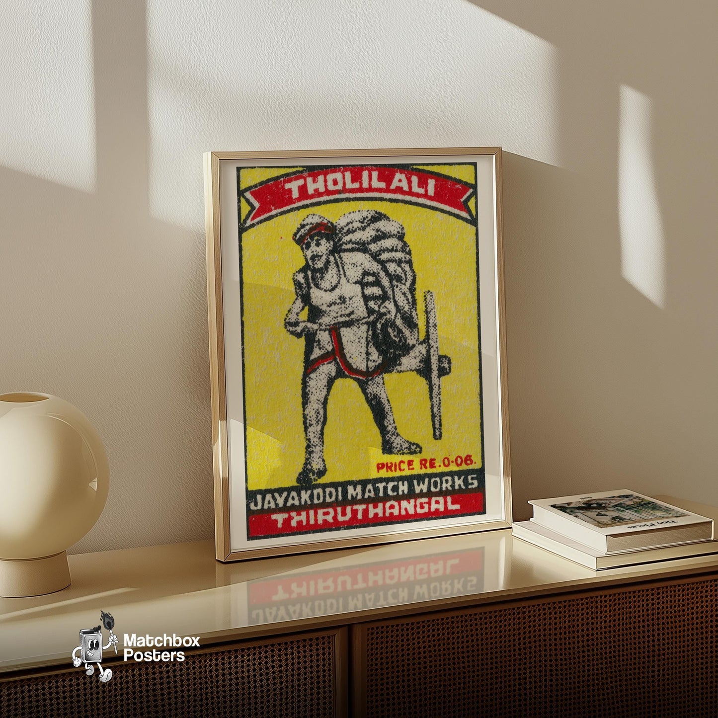 Worker with Wheelbarrow - vintage matchbox label print - size comparison