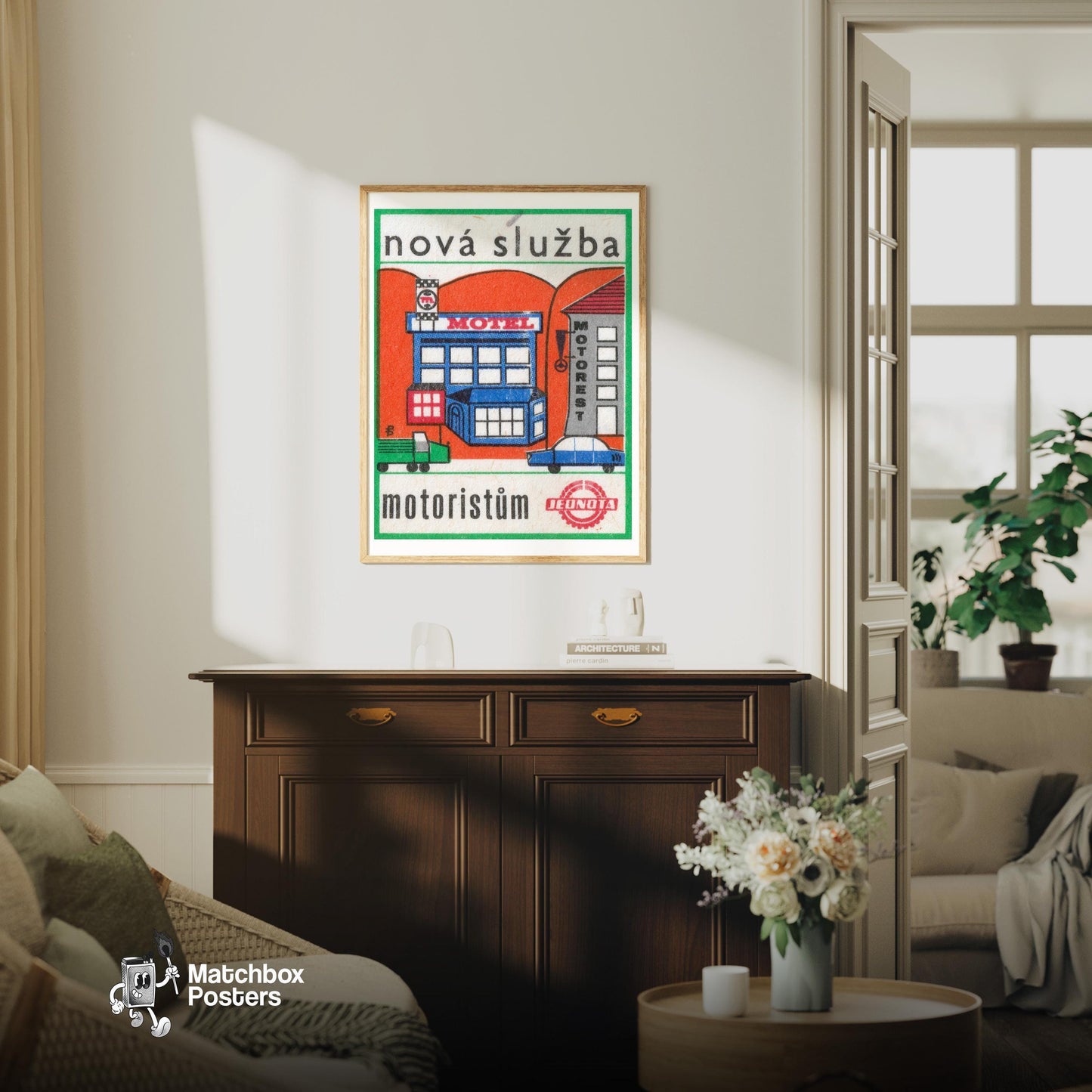 Motorist Service - vintage matchbox label print - living room mockup