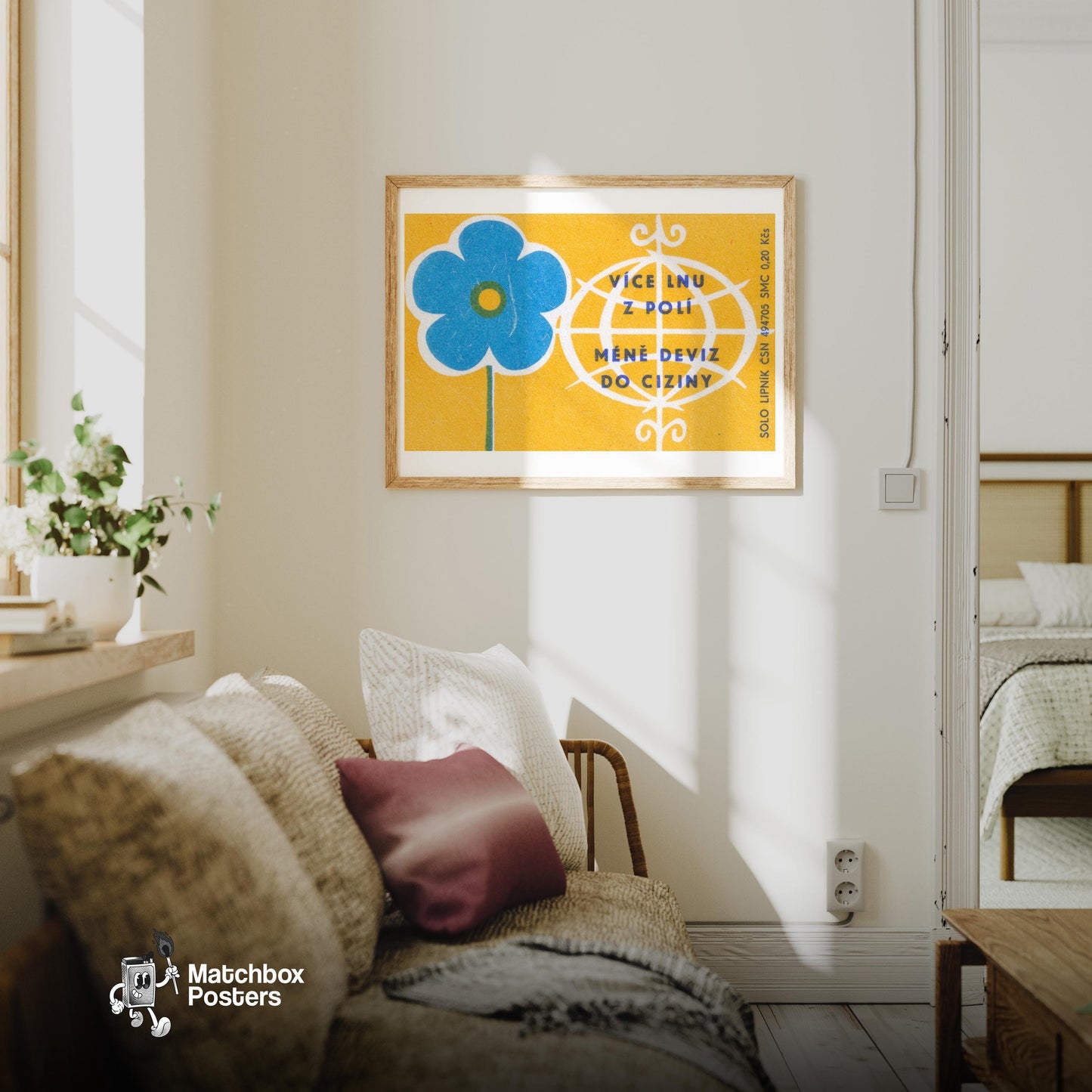 Blue Flower - vintage matchbox label print - living room mockup