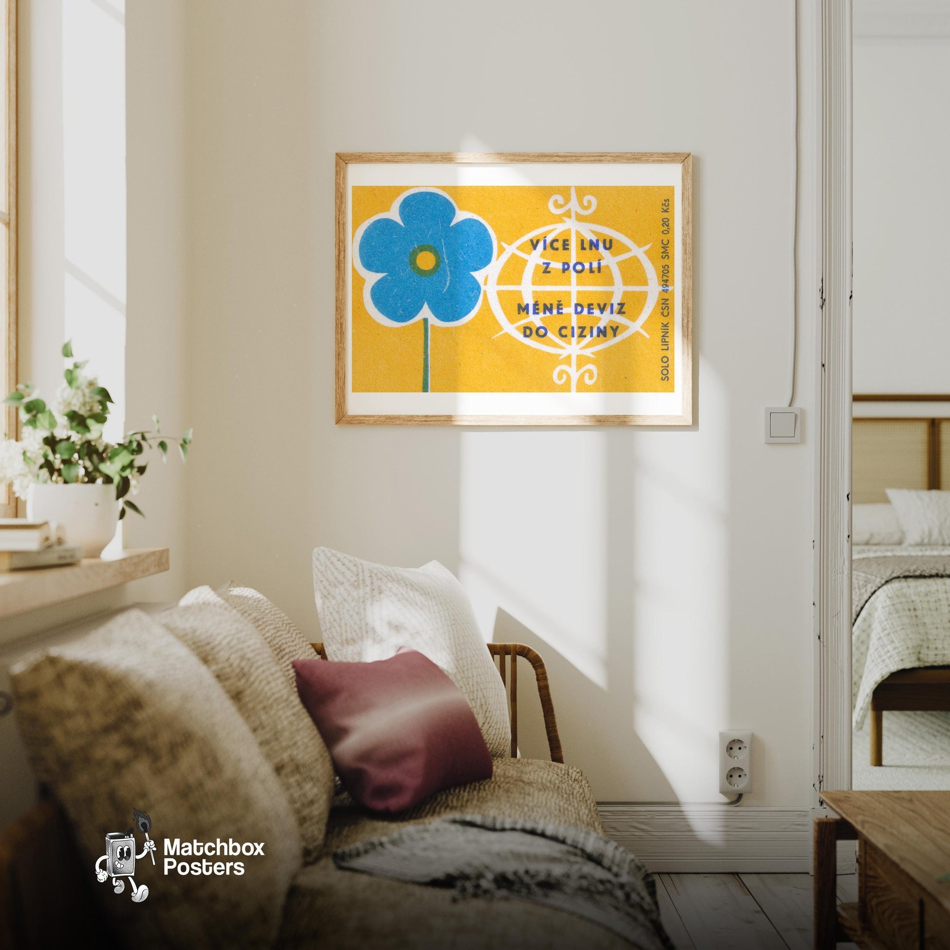 Blue Flower - vintage matchbox label print - living room mockup