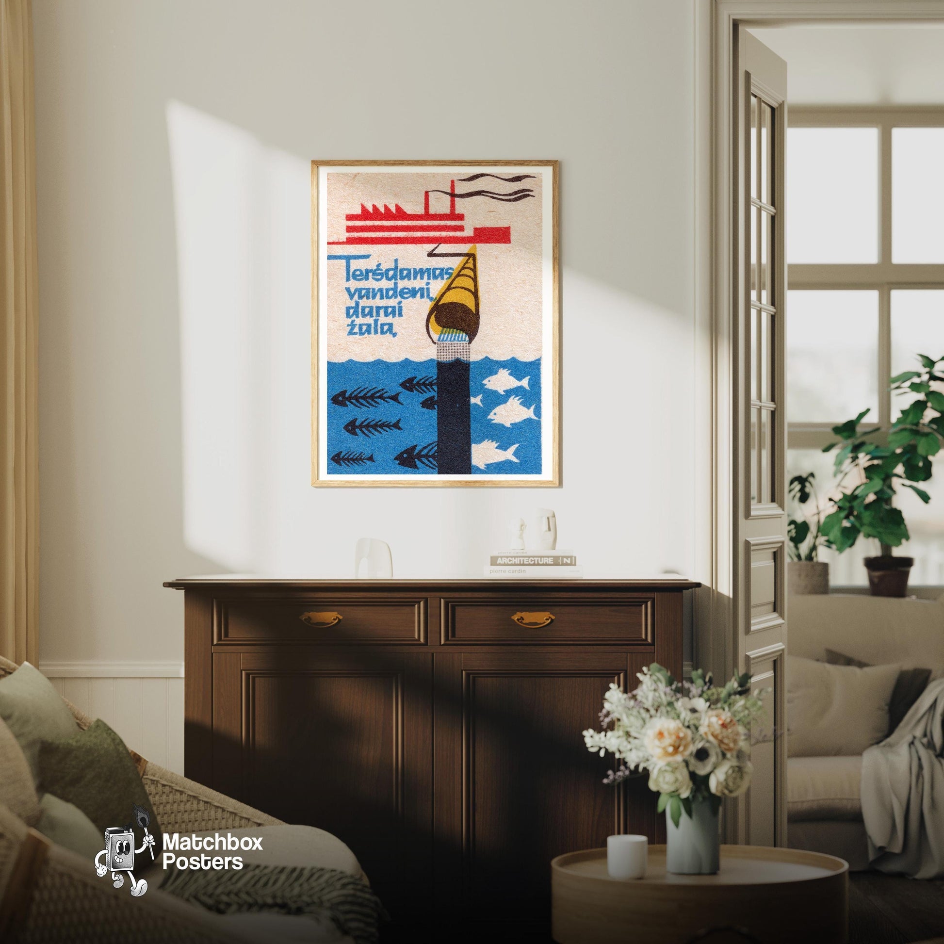 Factory Water Pollution - vintage matchbox label print - living room mockup