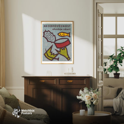 Irresponsibility Endangers Health - vintage matchbox label print - living room mockup