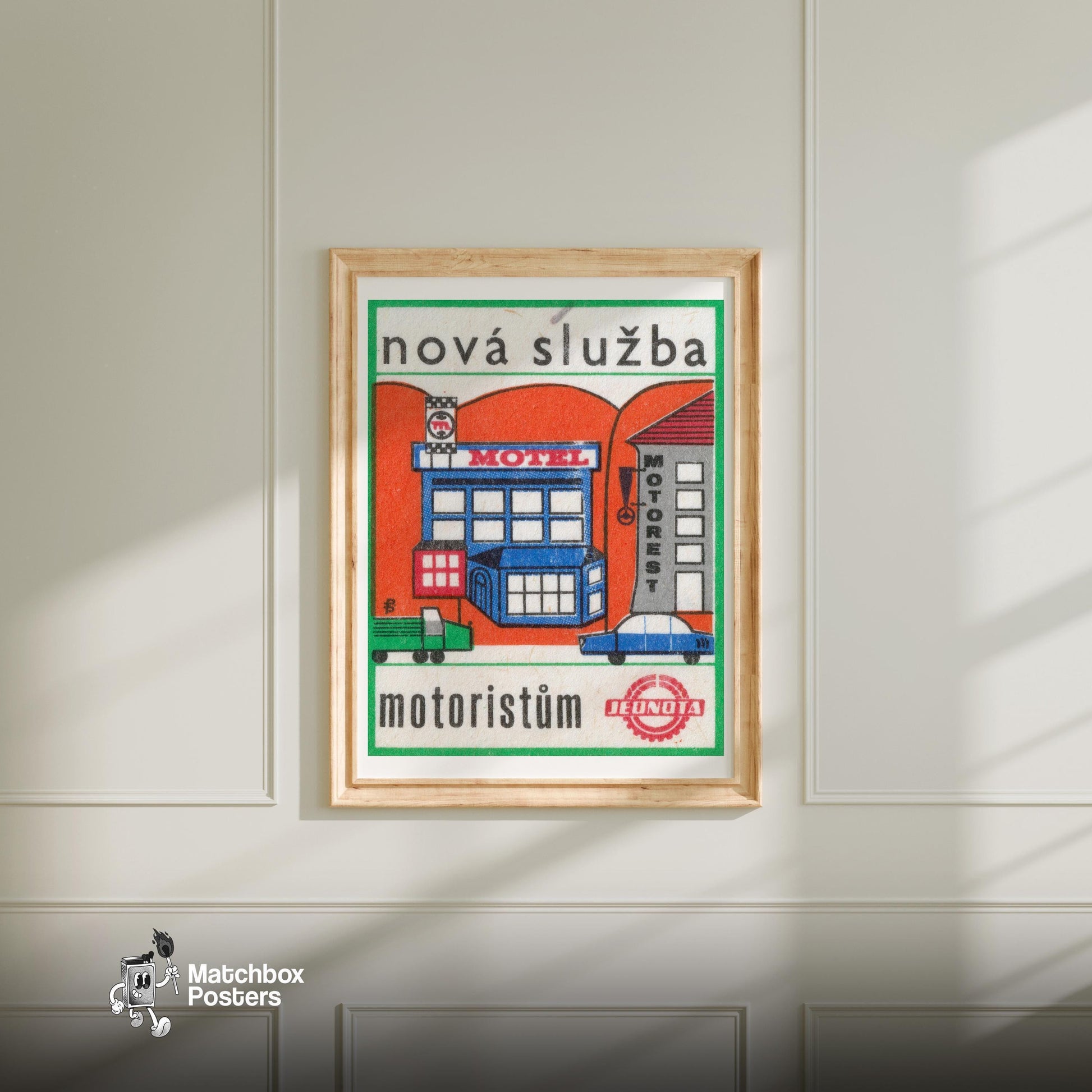 Motorist Service - vintage matchbox label print - bedroom mockup