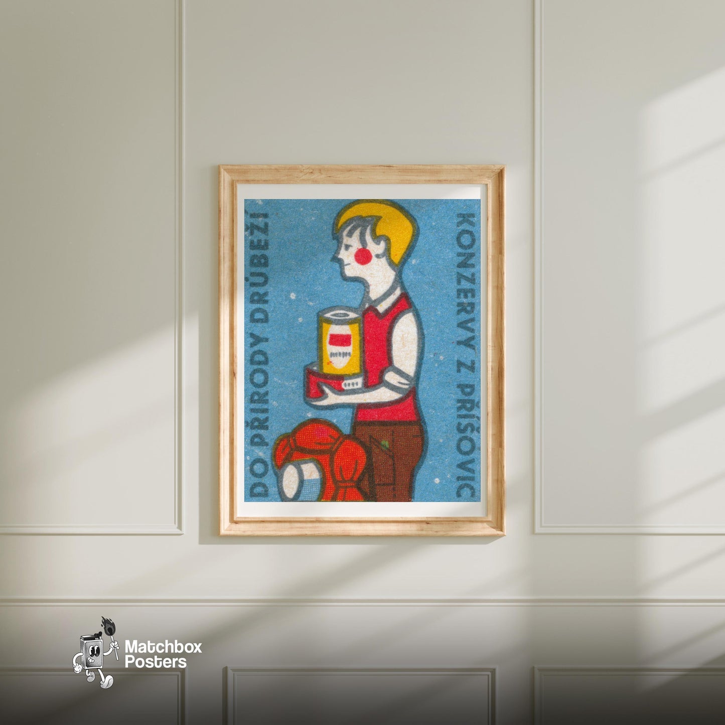 Hiker with Canned Food - vintage matchbox label print - bedroom mockup