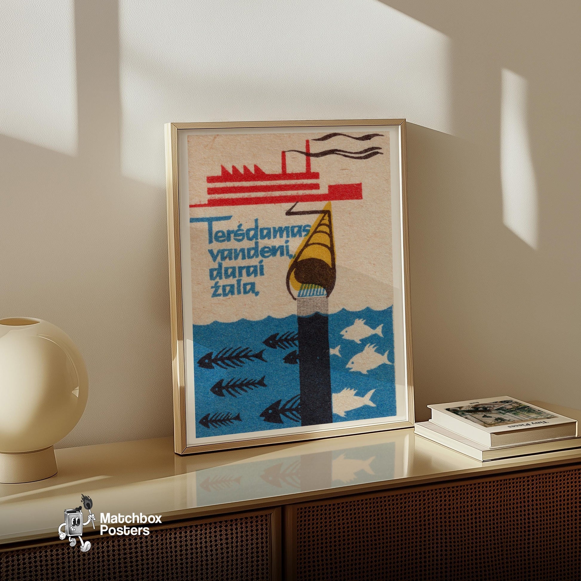 Factory Water Pollution - vintage matchbox label print - size comparison