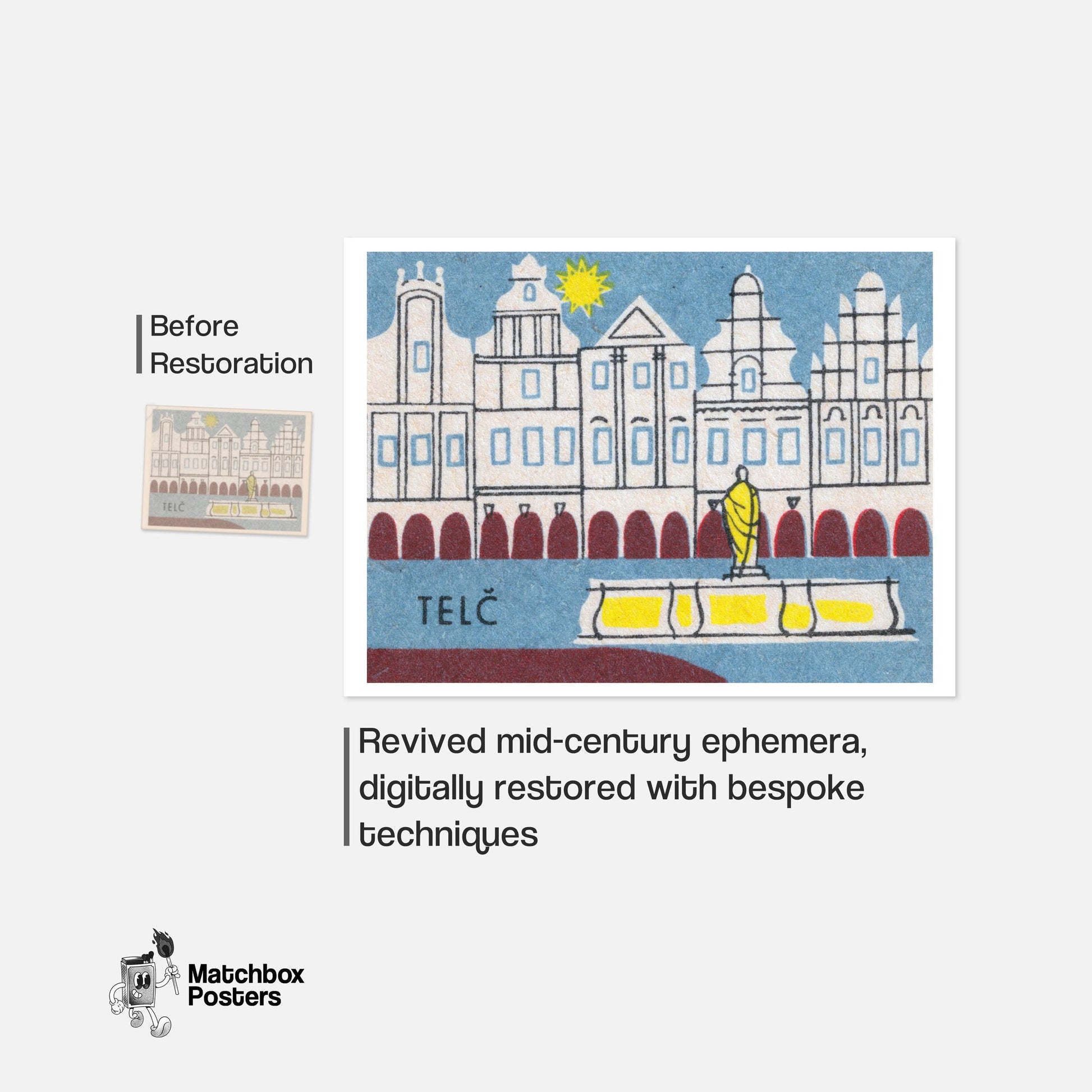 Telč Square - vintage matchbox label print - framed wall art preview