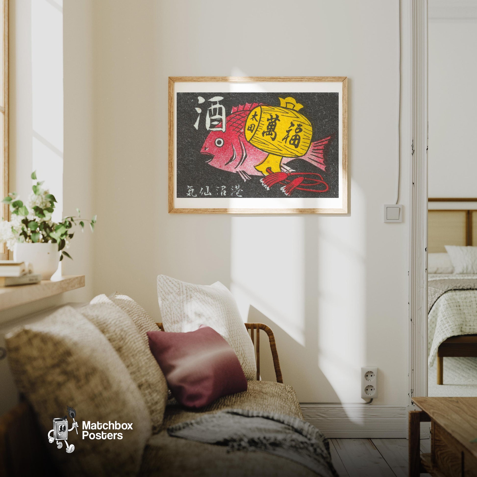Red Fish - vintage matchbox label print - living room mockup