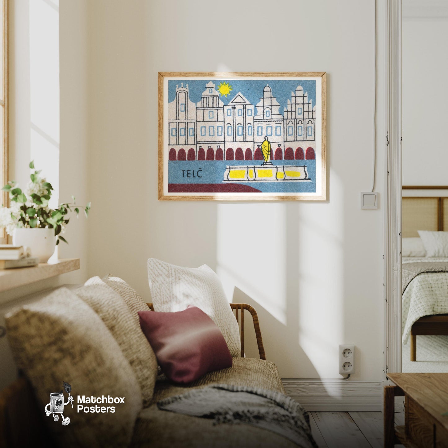 Telč Square - vintage matchbox label print - living room mockup