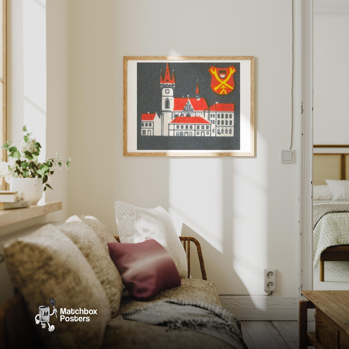 Red Roof Mansion - vintage matchbox label print - living room mockup