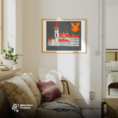Red Roof Mansion - vintage matchbox label print - living room mockup