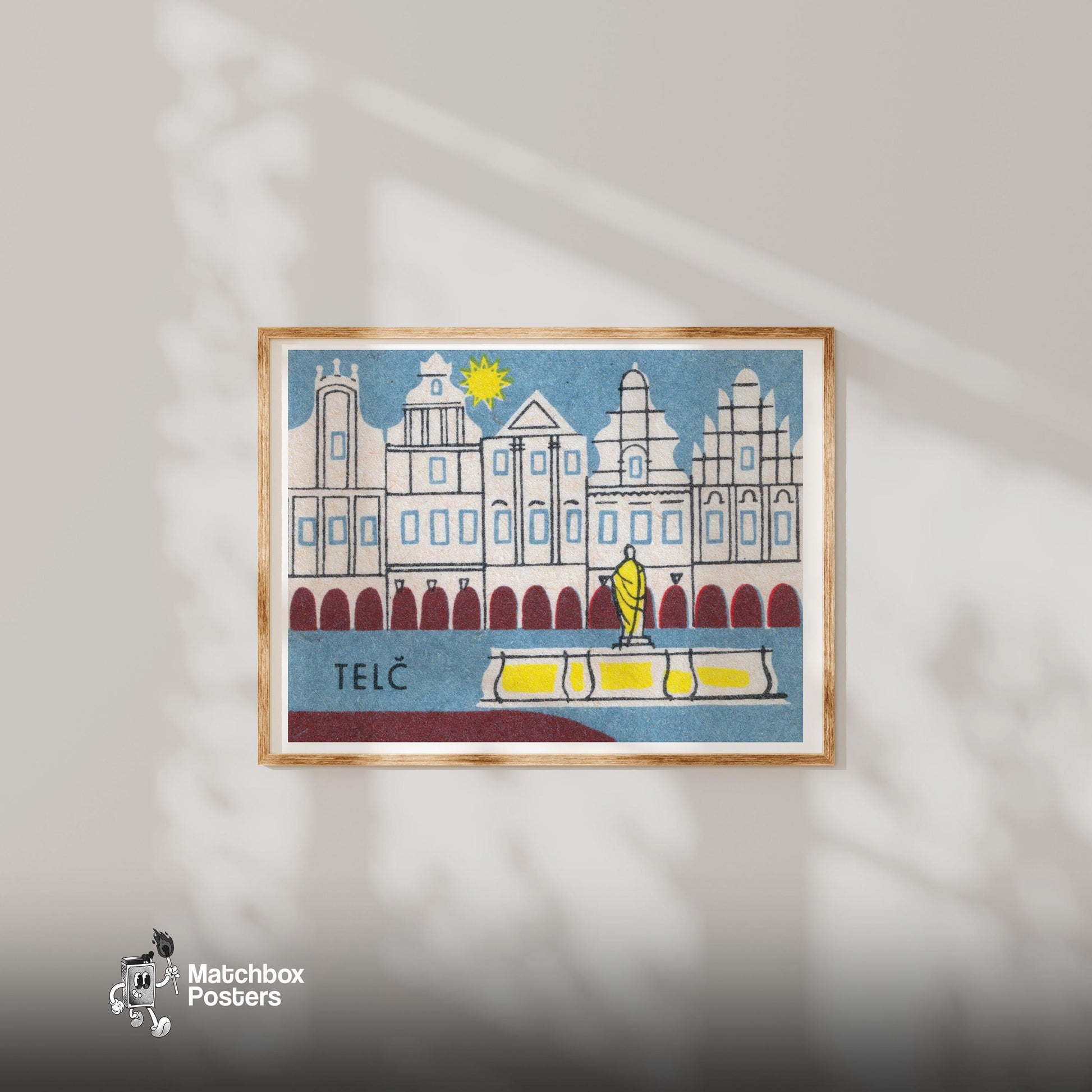 Telč Square - vintage matchbox label print - bedroom mockup