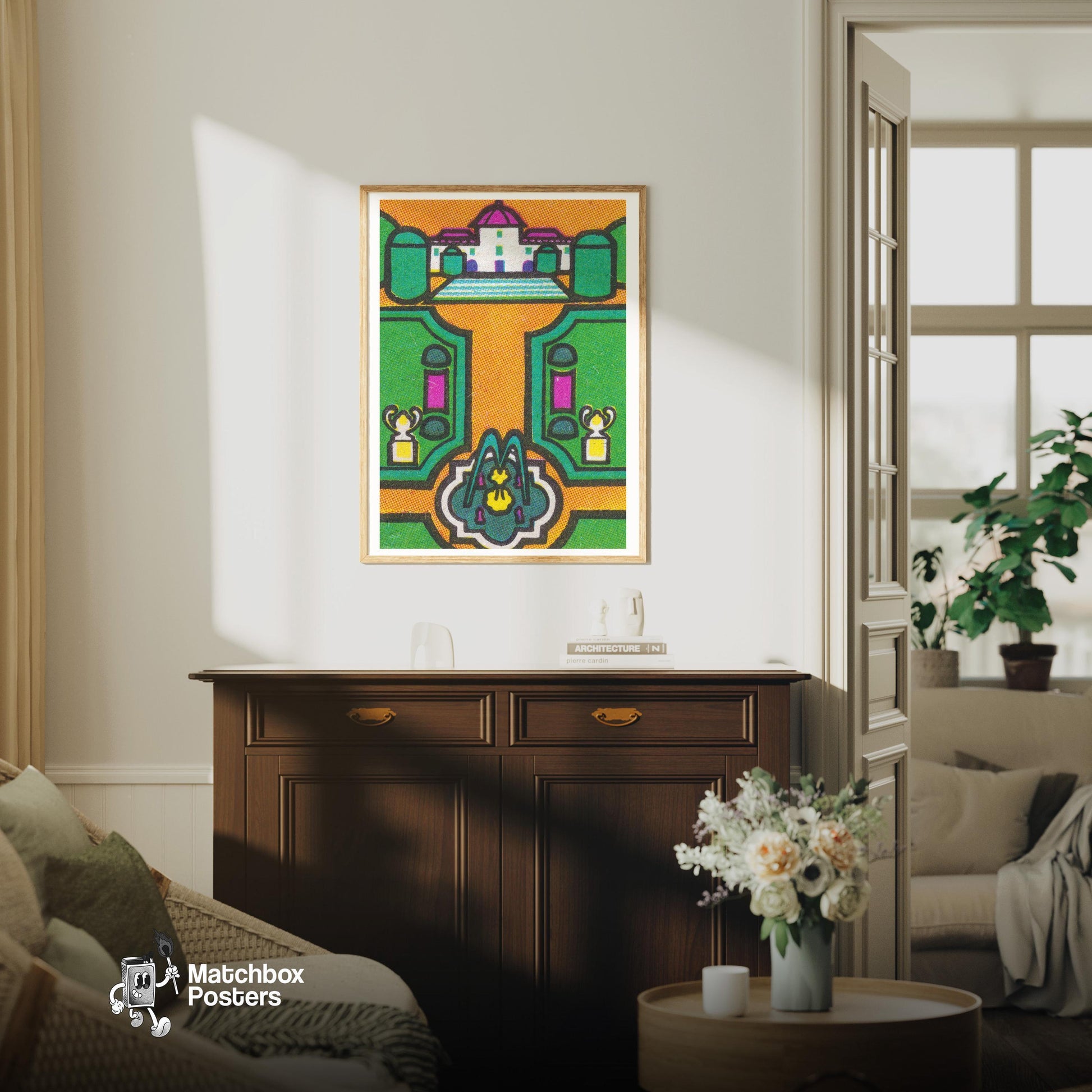 Purple Palace - vintage matchbox label print - living room mockup