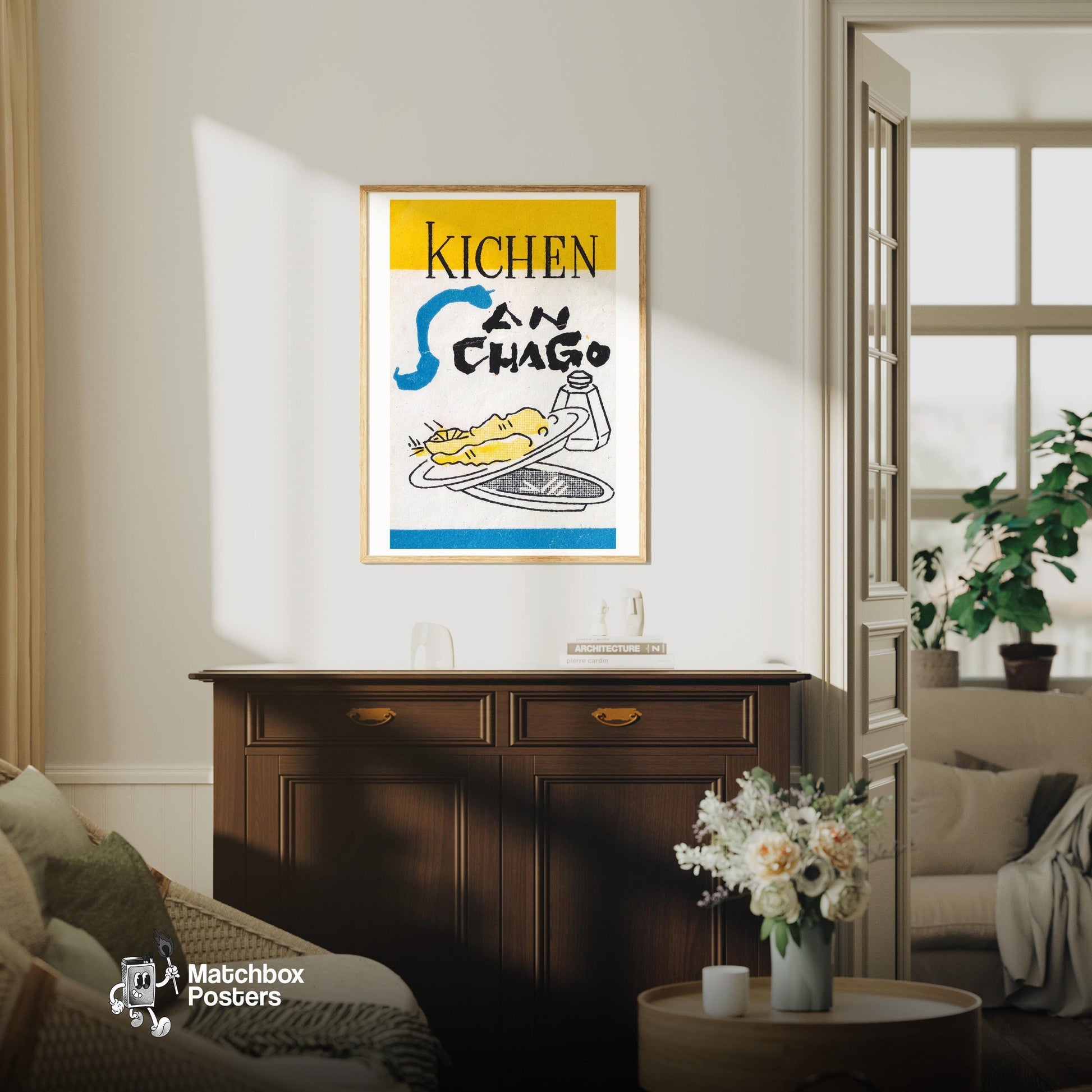 Kitchen Dishes - vintage matchbox label print - living room mockup