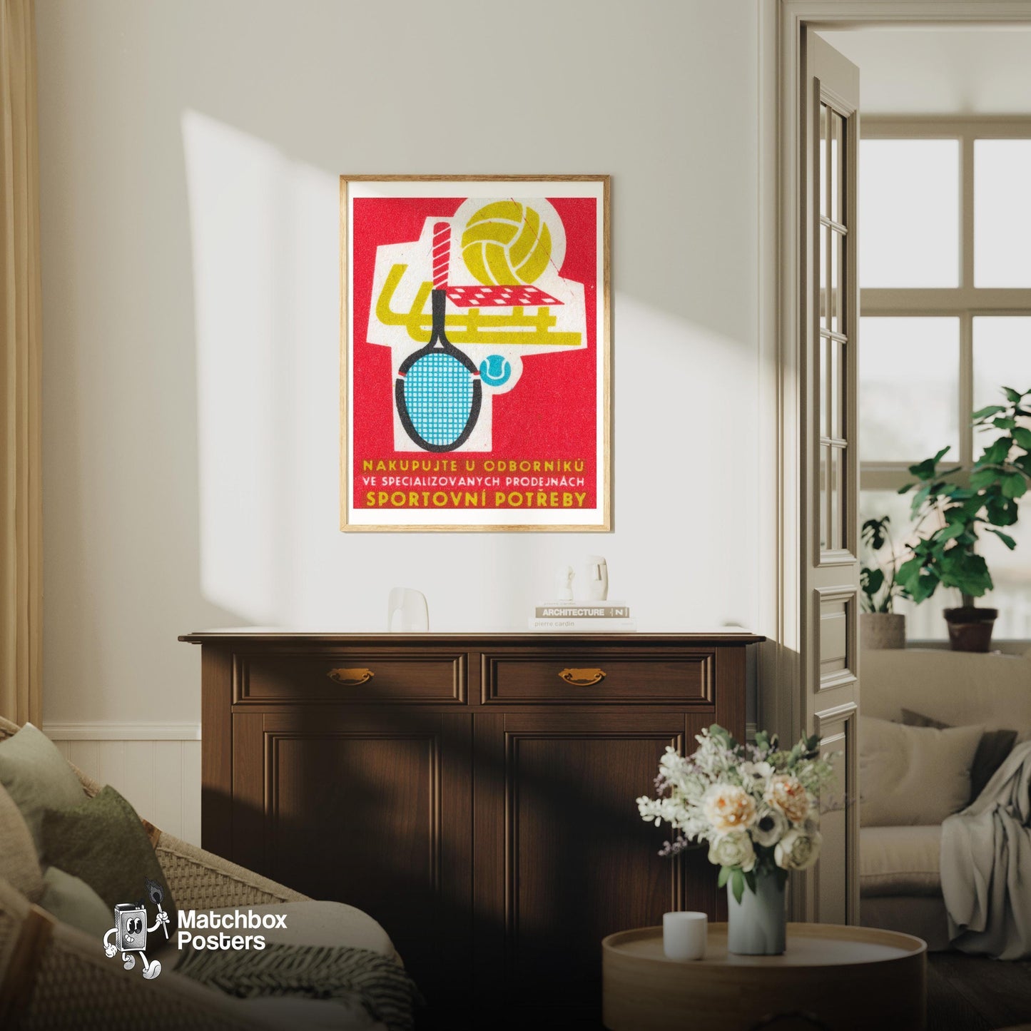 Specialized Sports Store - vintage matchbox label print - living room mockup