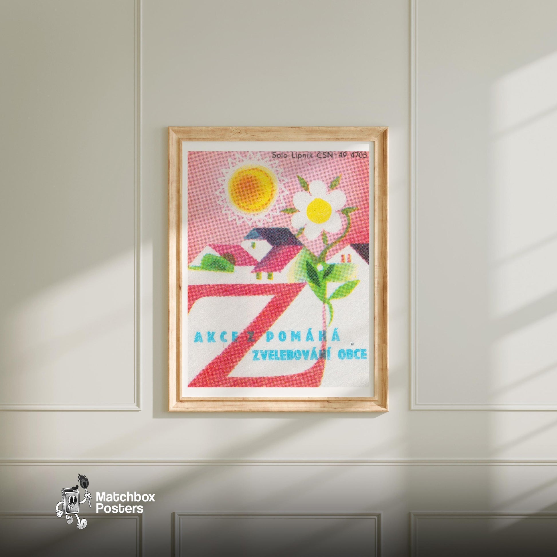 Sun and Flower Village - vintage matchbox label print - bedroom mockup