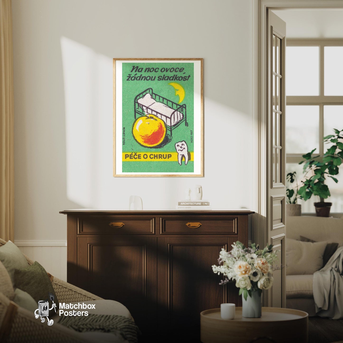 Fruit at Night, No Sweets - vintage matchbox label print - living room mockup