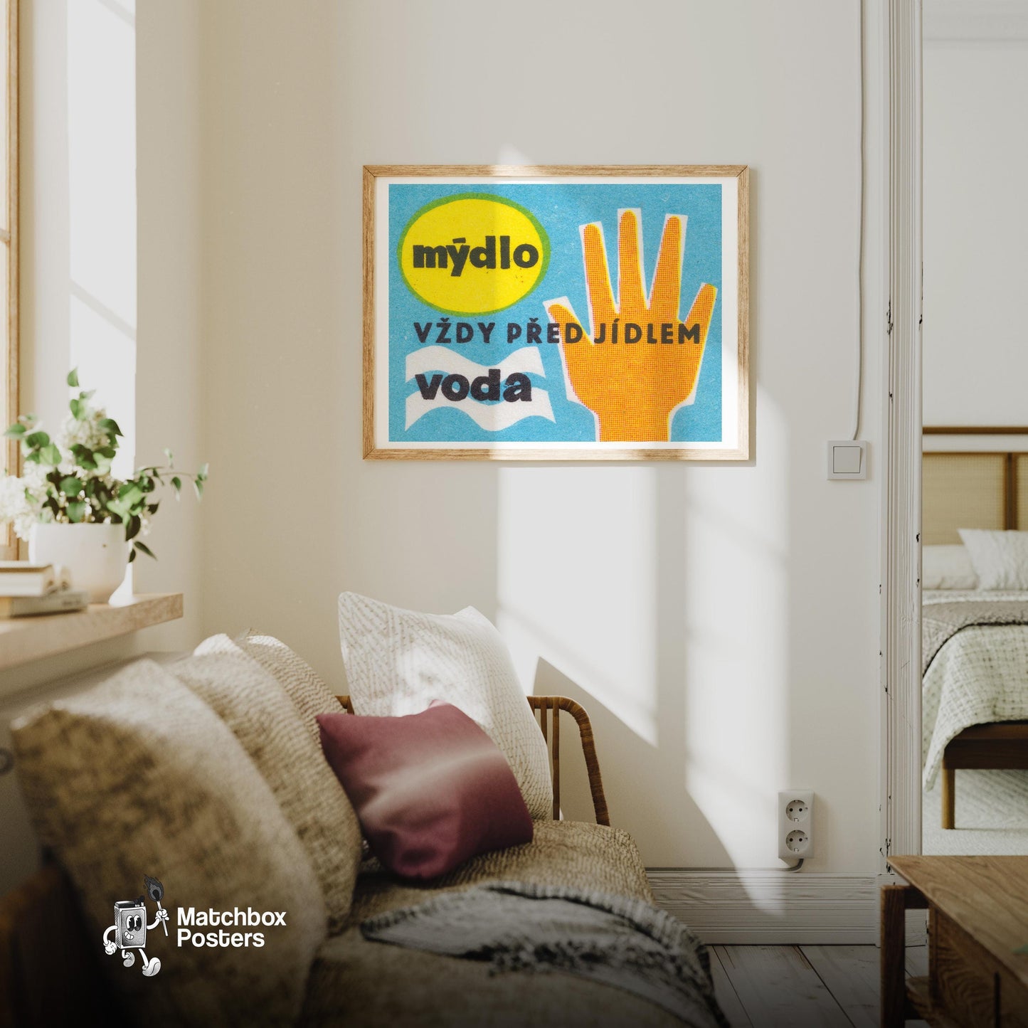 Hand Hygiene - vintage matchbox label print - living room mockup