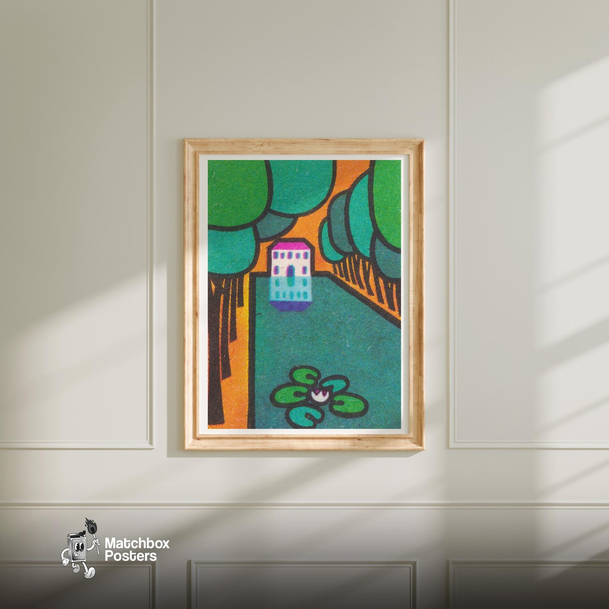 Palace Pond - vintage matchbox label print - bedroom mockup