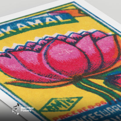 Pink Lotus Flower - vintage matchbox label print - close-up detail