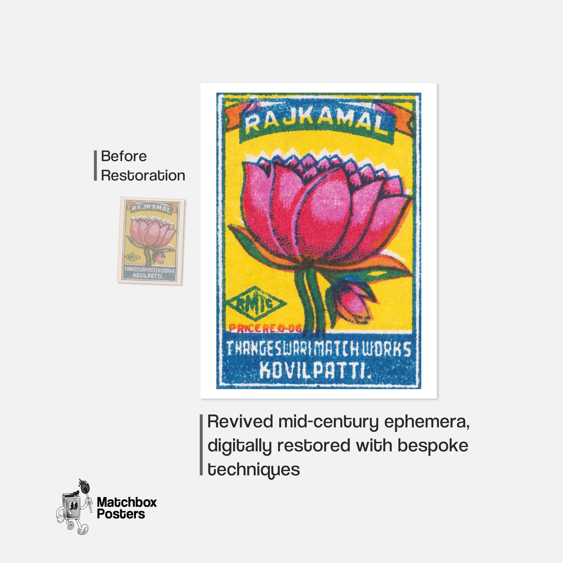 Pink Lotus Flower - vintage matchbox label print - framed wall art preview