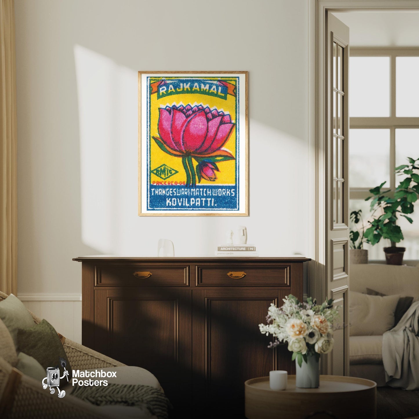 Pink Lotus Flower - vintage matchbox label print - living room mockup