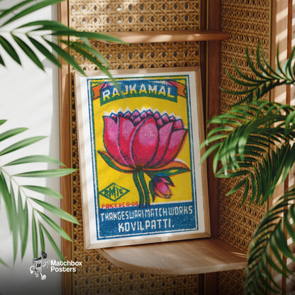 Pink Lotus Flower - vintage matchbox label print - office wall