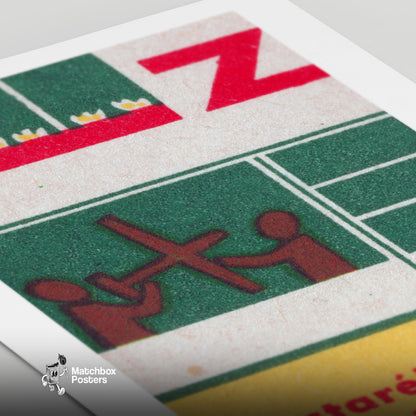 Two Figures with Cross - vintage matchbox label print - close-up detail
