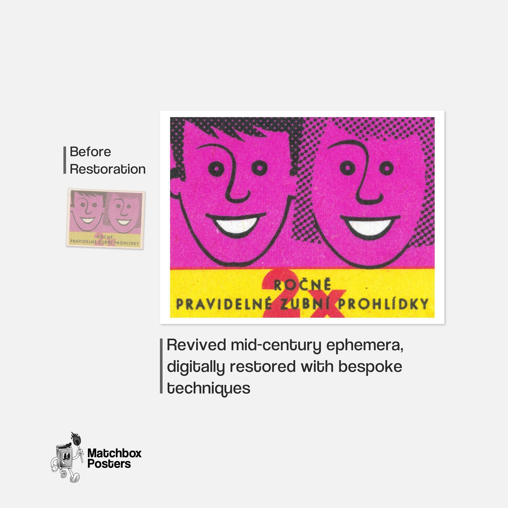 Smiling Faces - vintage matchbox label print - framed wall art preview