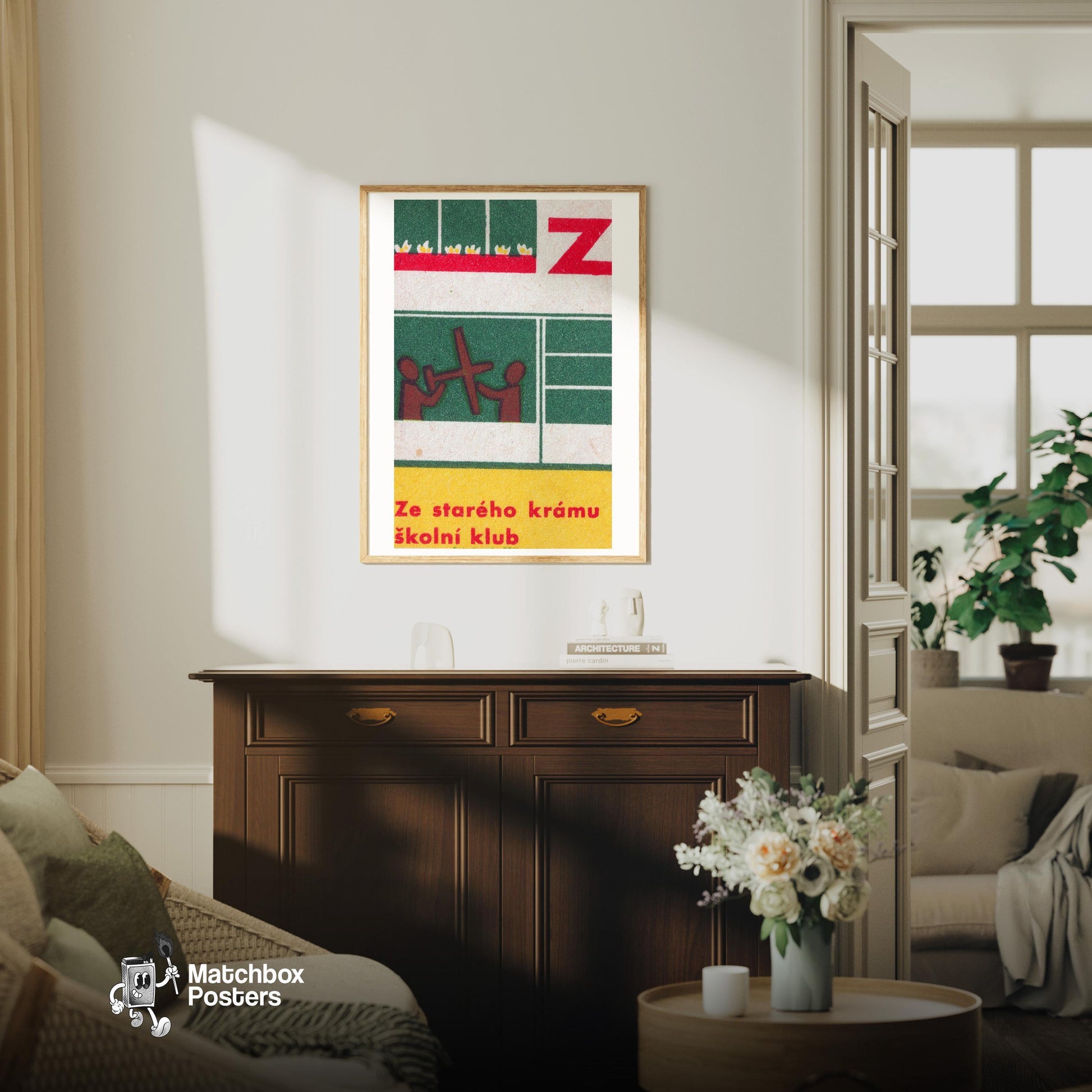 Two Figures with Cross - vintage matchbox label print - living room mockup